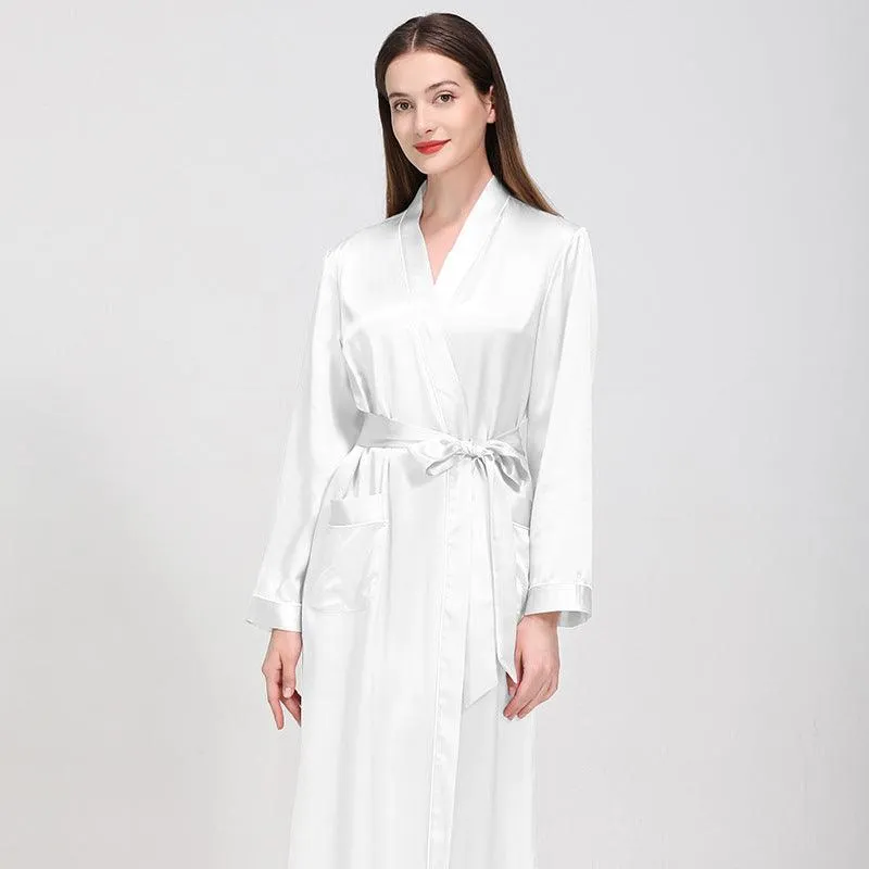 Luxury Classic Womens Silk Robe Full Longth Silk Sleepwear Bathrobe With Contrast piping