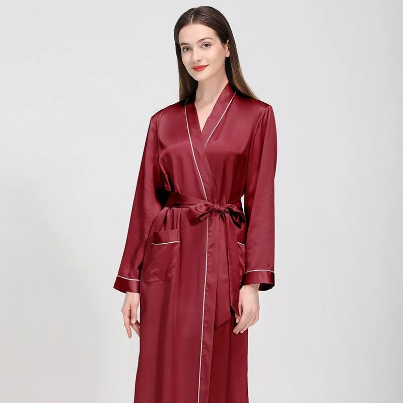 Luxury Classic Womens Silk Robe Full Longth Silk Sleepwear Bathrobe With Contrast piping