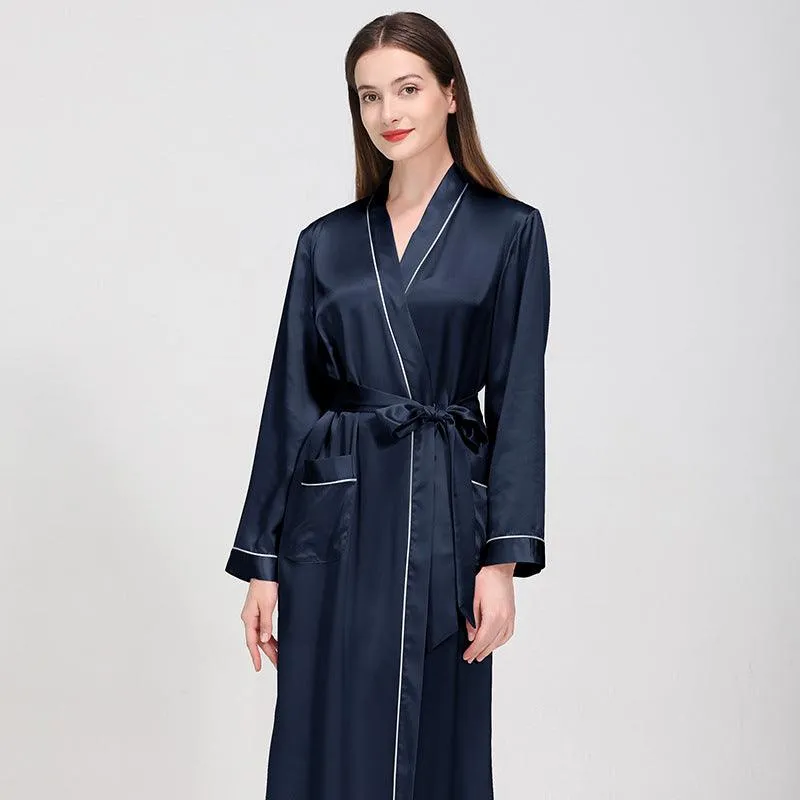 Luxury Classic Womens Silk Robe Full Longth Silk Sleepwear Bathrobe With Contrast piping