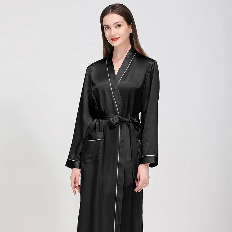 Luxury Classic Womens Silk Robe Full Longth Silk Sleepwear Bathrobe With Contrast piping