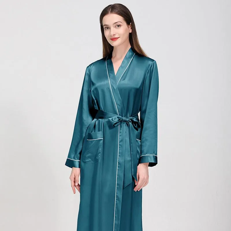 Luxury Classic Womens Silk Robe Full Longth Silk Sleepwear Bathrobe With Contrast piping