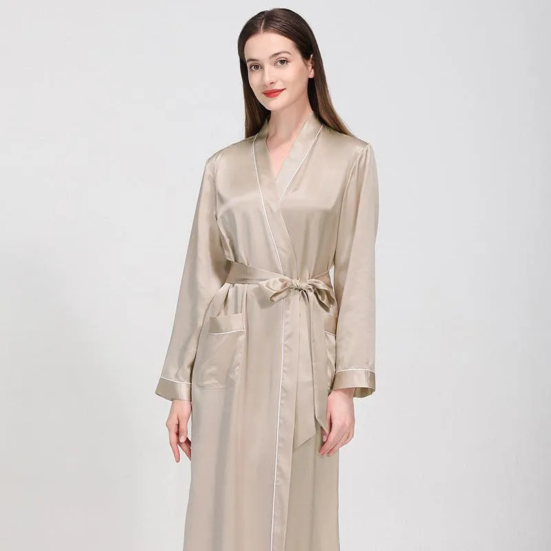 Luxury Classic Womens Silk Robe Full Longth Silk Sleepwear Bathrobe With Contrast piping