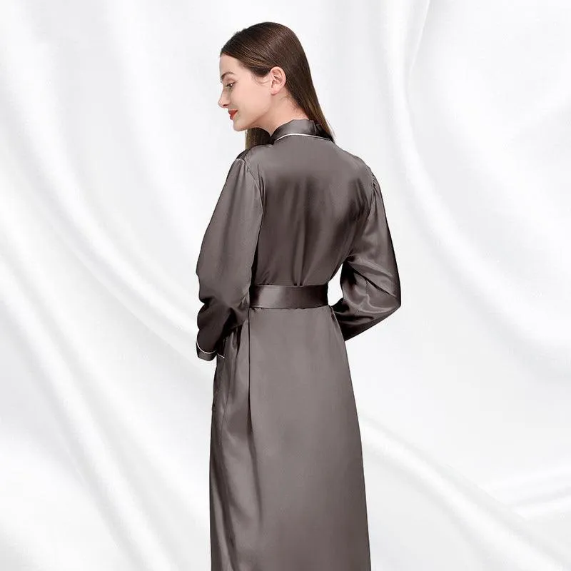 Luxury Classic Womens Silk Robe Full Longth Silk Sleepwear Bathrobe With Contrast piping