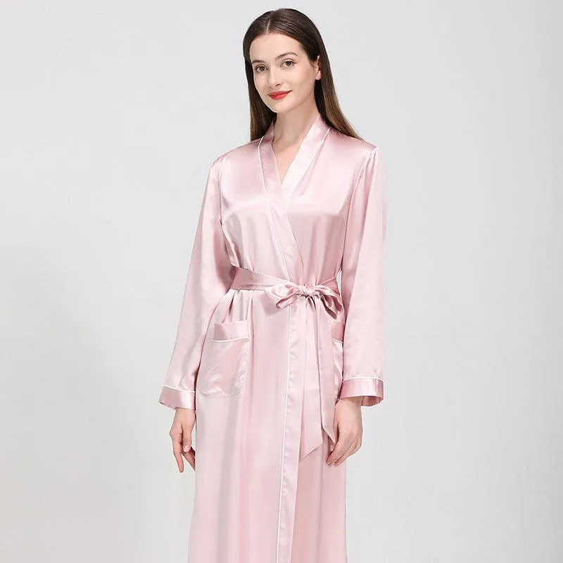 Luxury Classic Womens Silk Robe Full Longth Silk Sleepwear Bathrobe With Contrast piping