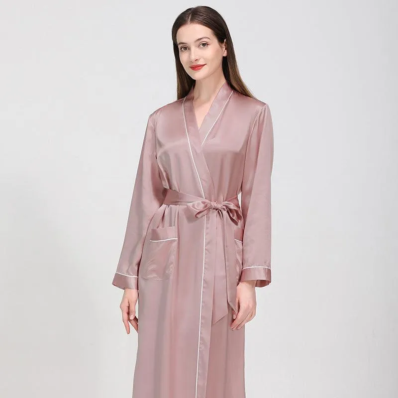 Luxury Classic Womens Silk Robe Full Longth Silk Sleepwear Bathrobe With Contrast piping