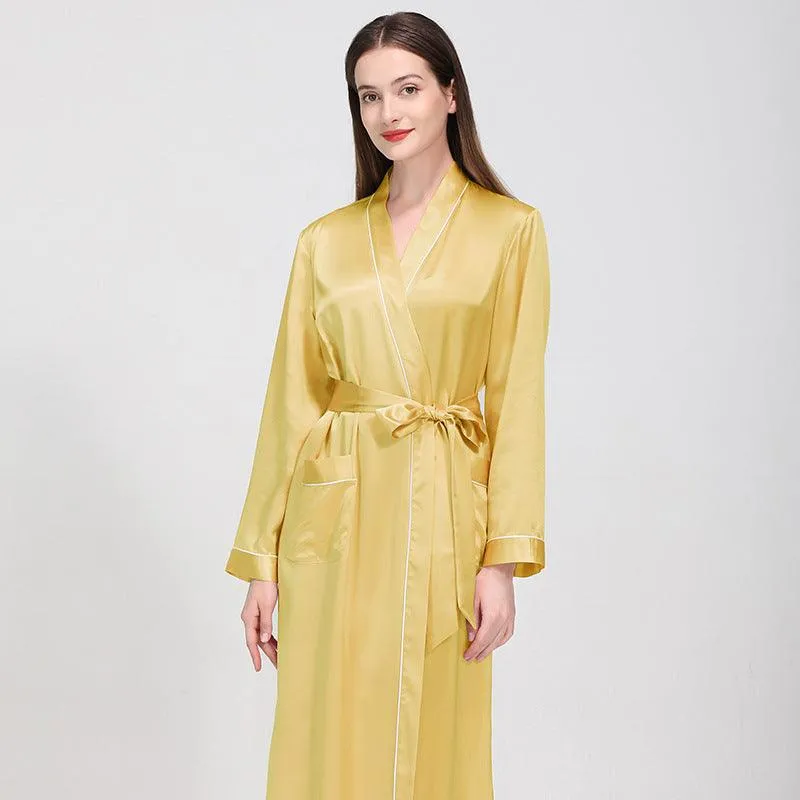 Luxury Classic Womens Silk Robe Full Longth Silk Sleepwear Bathrobe With Contrast piping