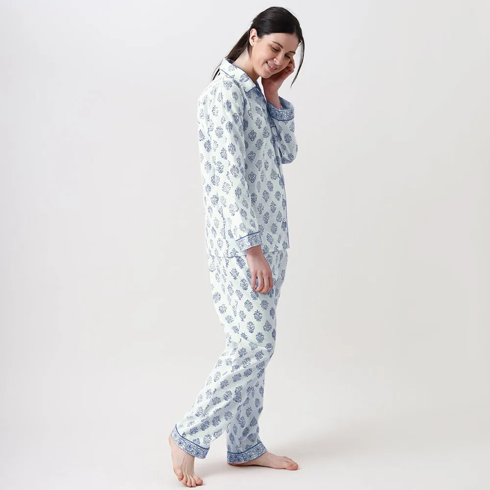 Madison Blockprint Pajama Set for Women (Indigo)