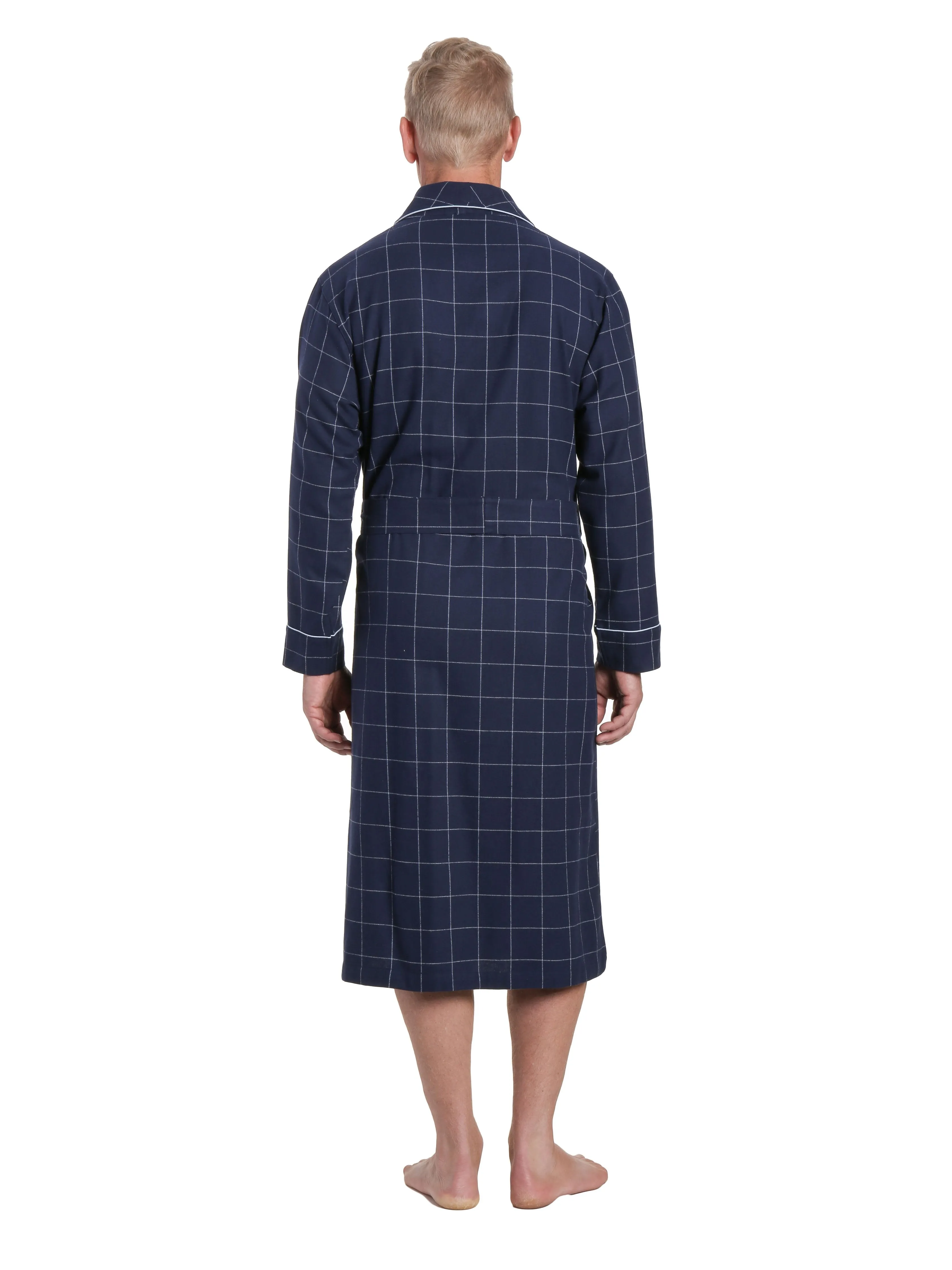 Men's 100% Cotton Flannel Robe - Windowpane Checks - Navy