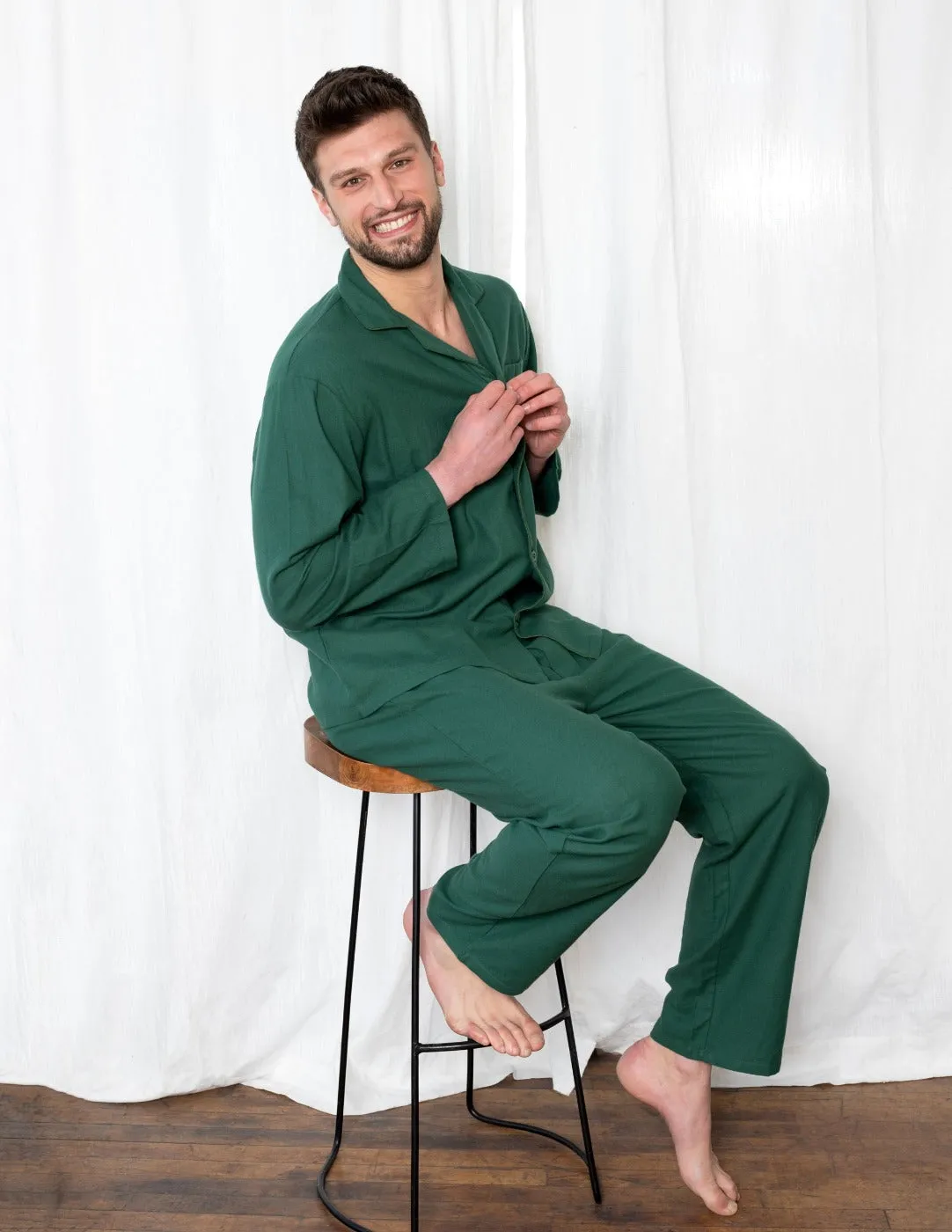 Mens Green Solid Color Flannel Pajamas