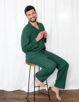 Mens Green Solid Color Flannel Pajamas