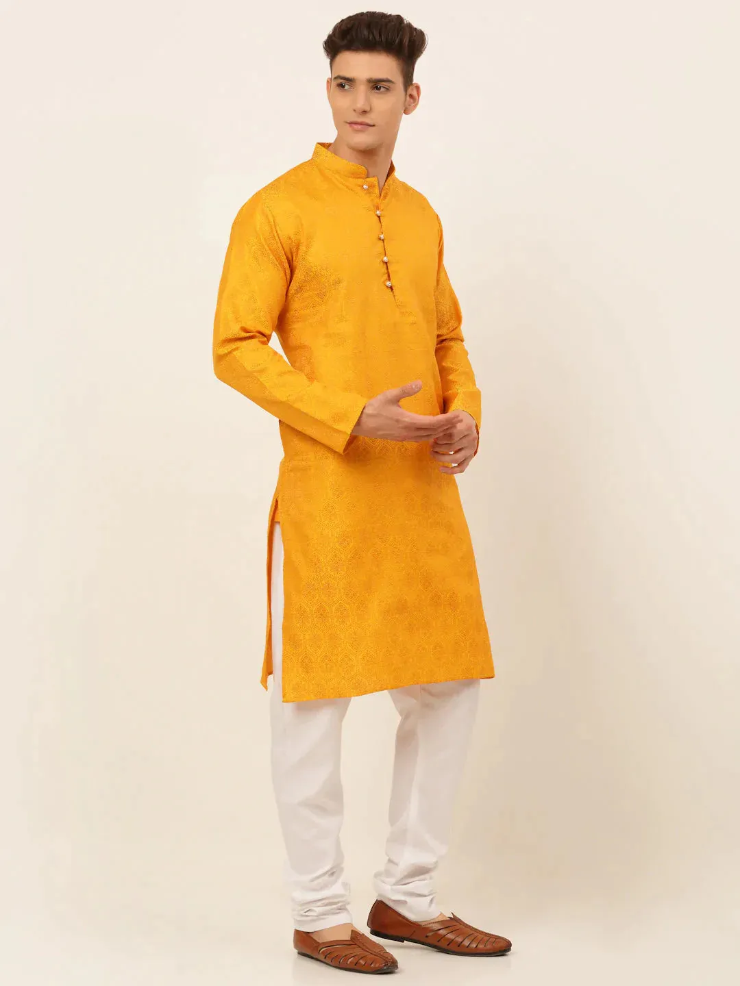 Men'S Mustard And Golden Woven Design Kurta Pajama