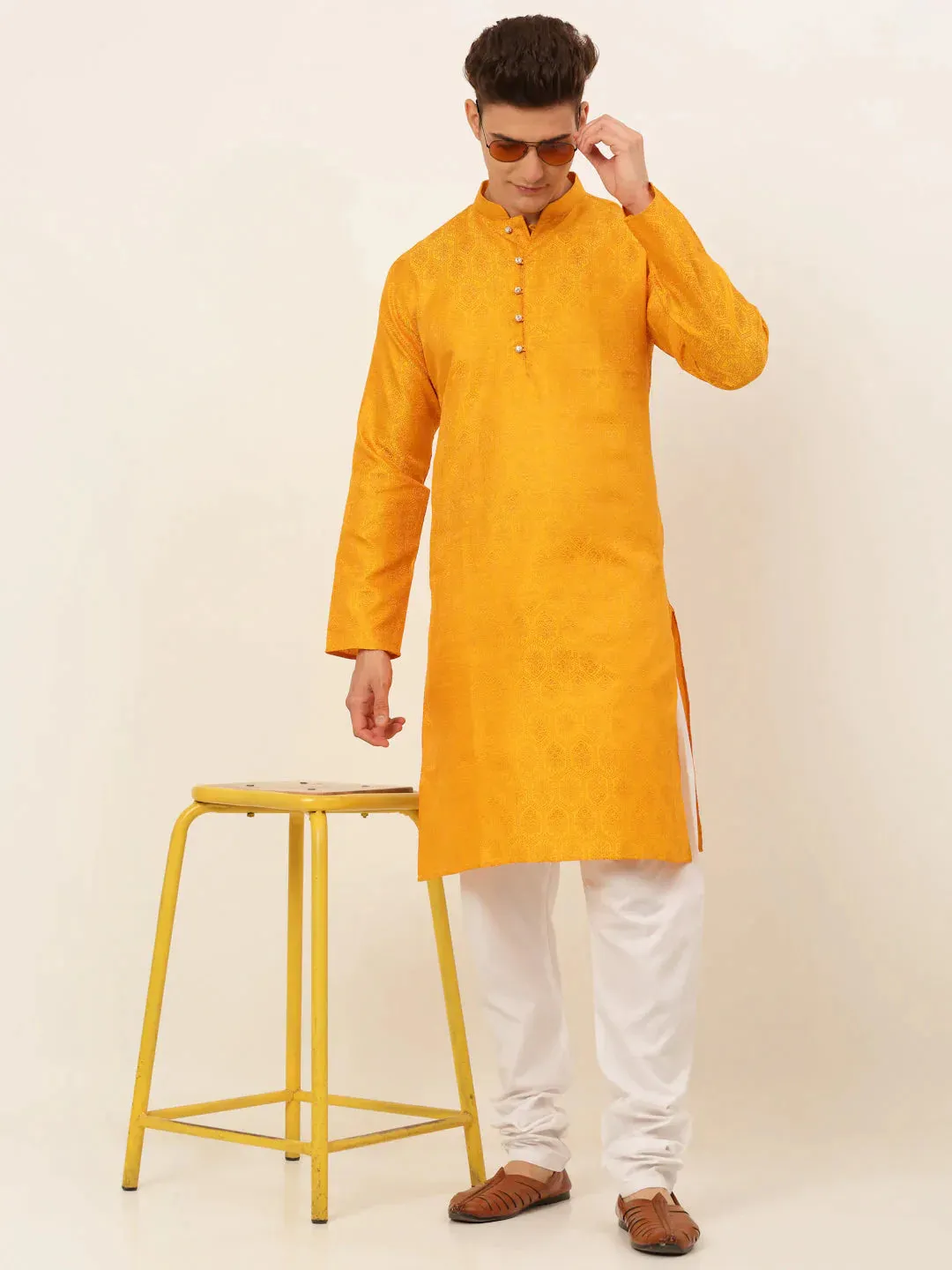 Men'S Mustard And Golden Woven Design Kurta Pajama