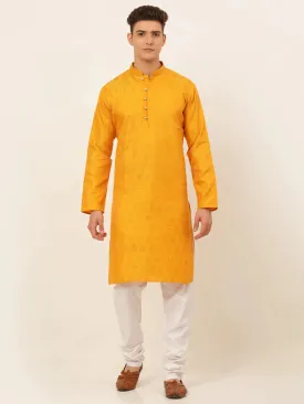 Men'S Mustard And Golden Woven Design Kurta Pajama