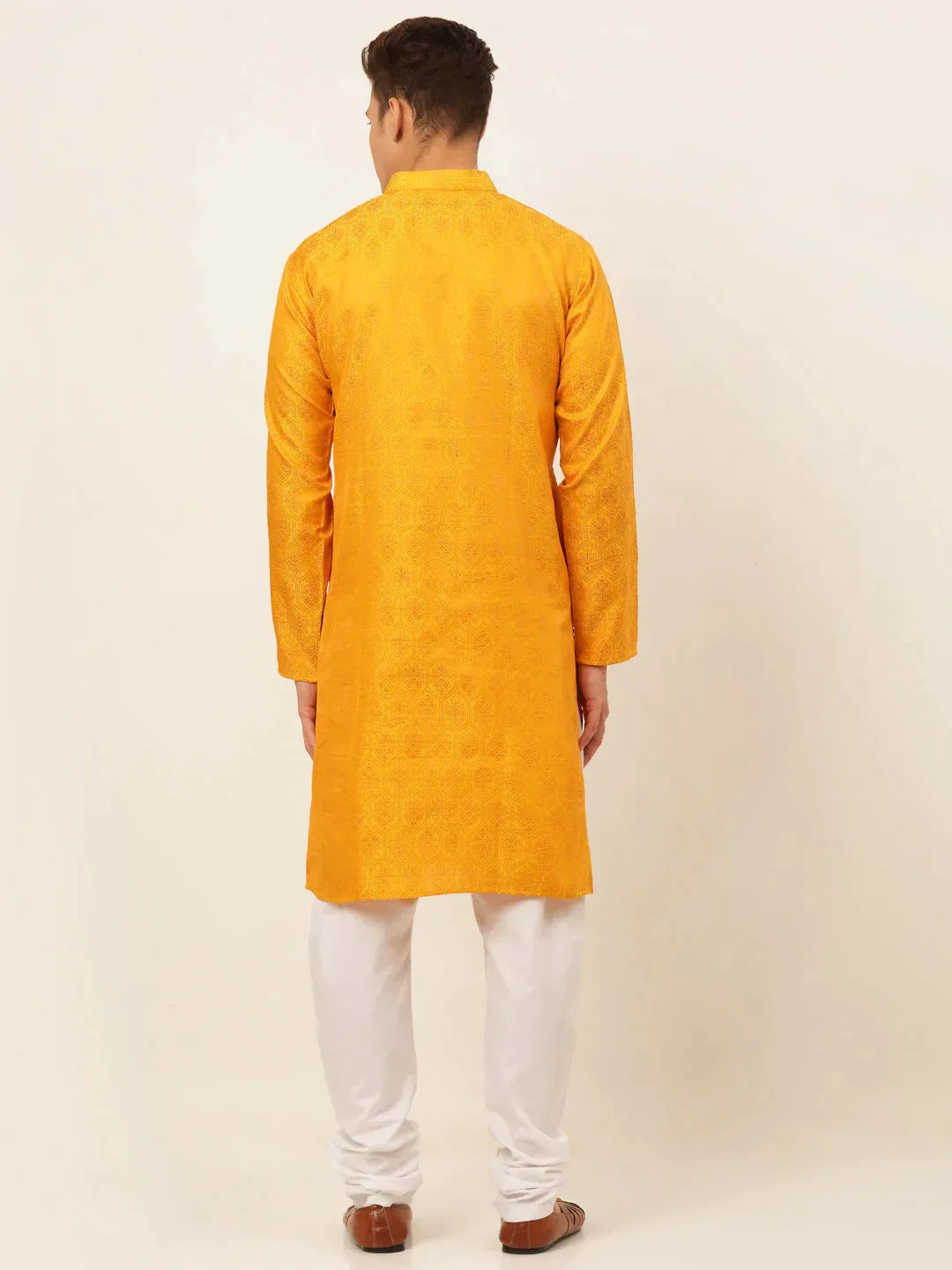 Men'S Mustard And Golden Woven Design Kurta Pajama