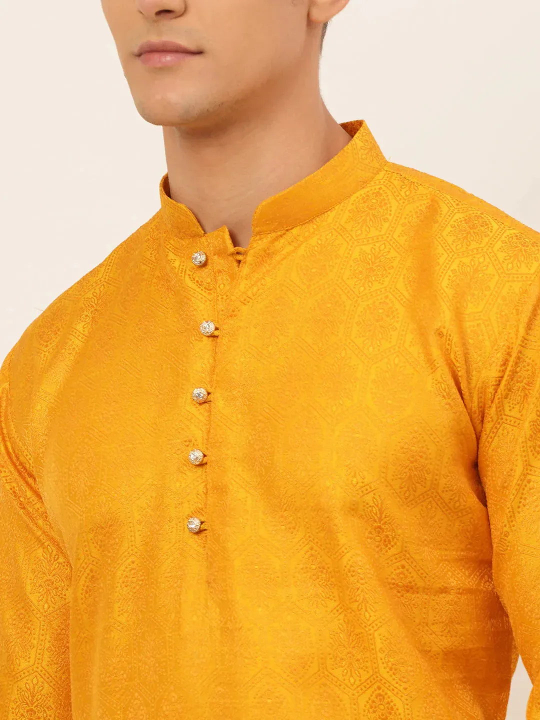 Men'S Mustard And Golden Woven Design Kurta Pajama