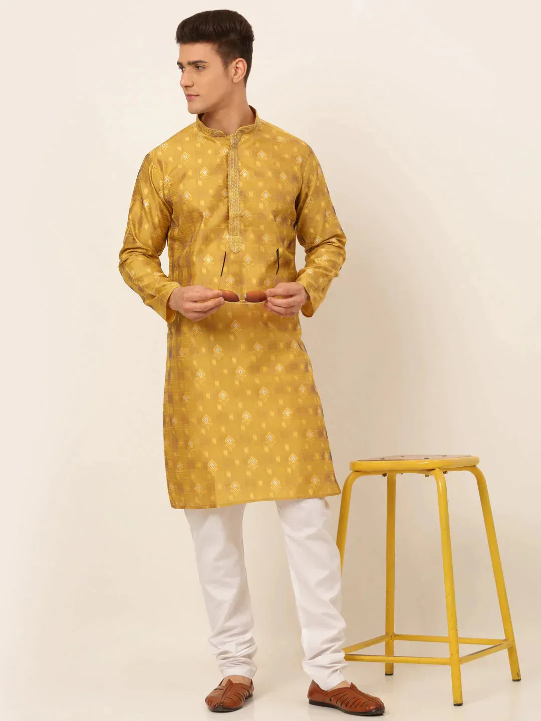 Men'S Mustard Collar Embroidered Woven Design Kurta Pajama