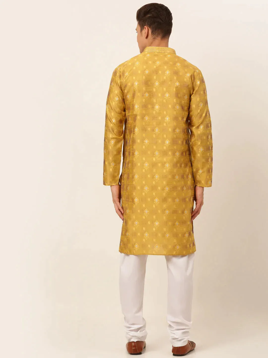 Men'S Mustard Collar Embroidered Woven Design Kurta Pajama