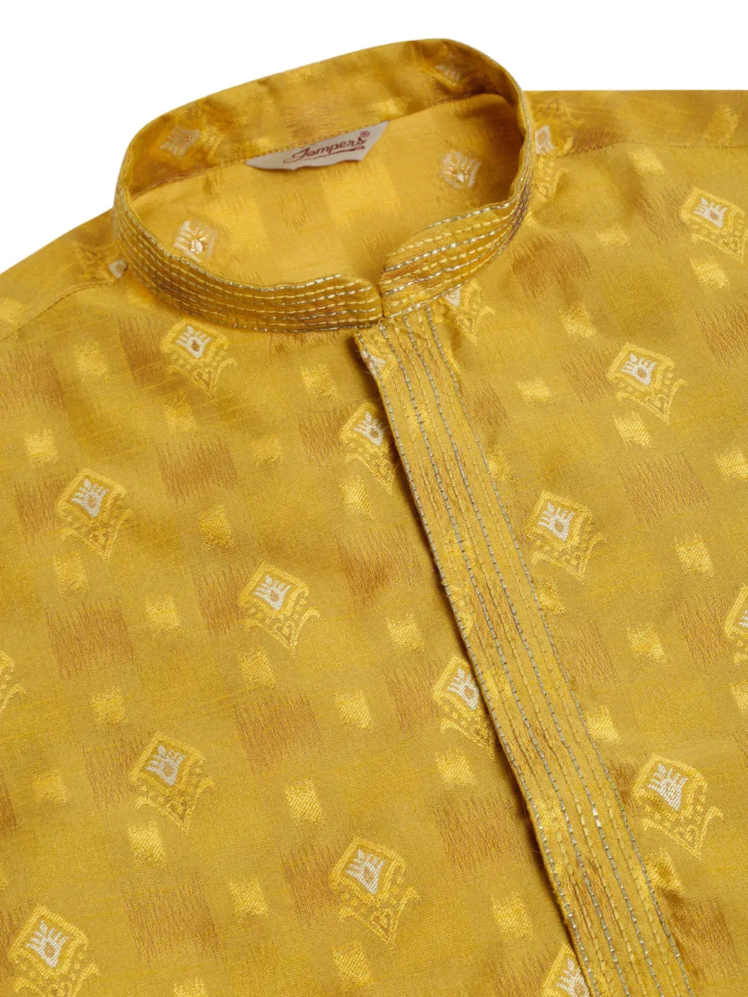 Men'S Mustard Collar Embroidered Woven Design Kurta Pajama