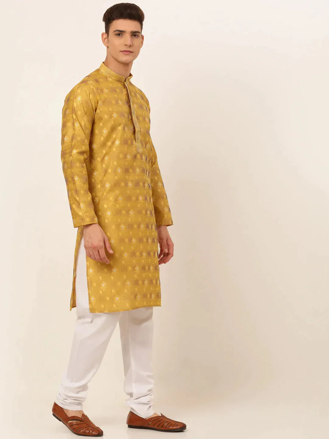 Men'S Mustard Collar Embroidered Woven Design Kurta Pajama