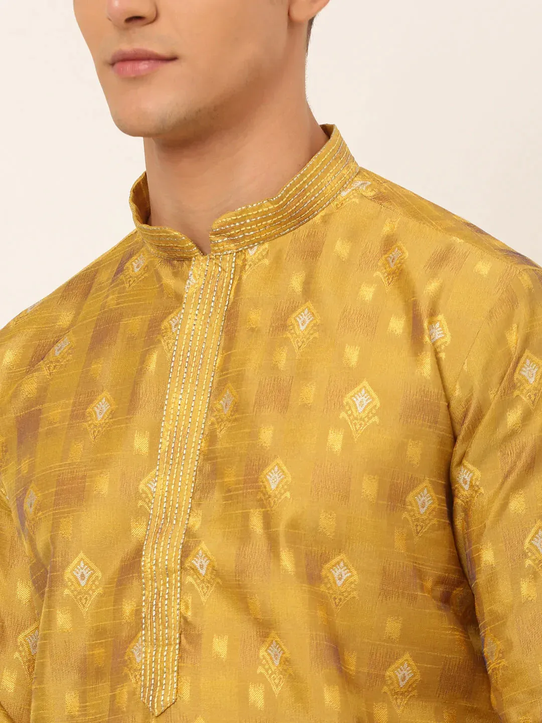Men'S Mustard Collar Embroidered Woven Design Kurta Pajama