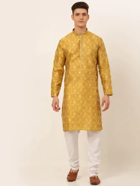 Men'S Mustard Collar Embroidered Woven Design Kurta Pajama