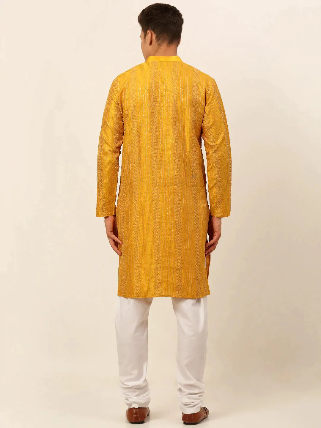 Men'S Mustard Embroiderd Kurta Pajama