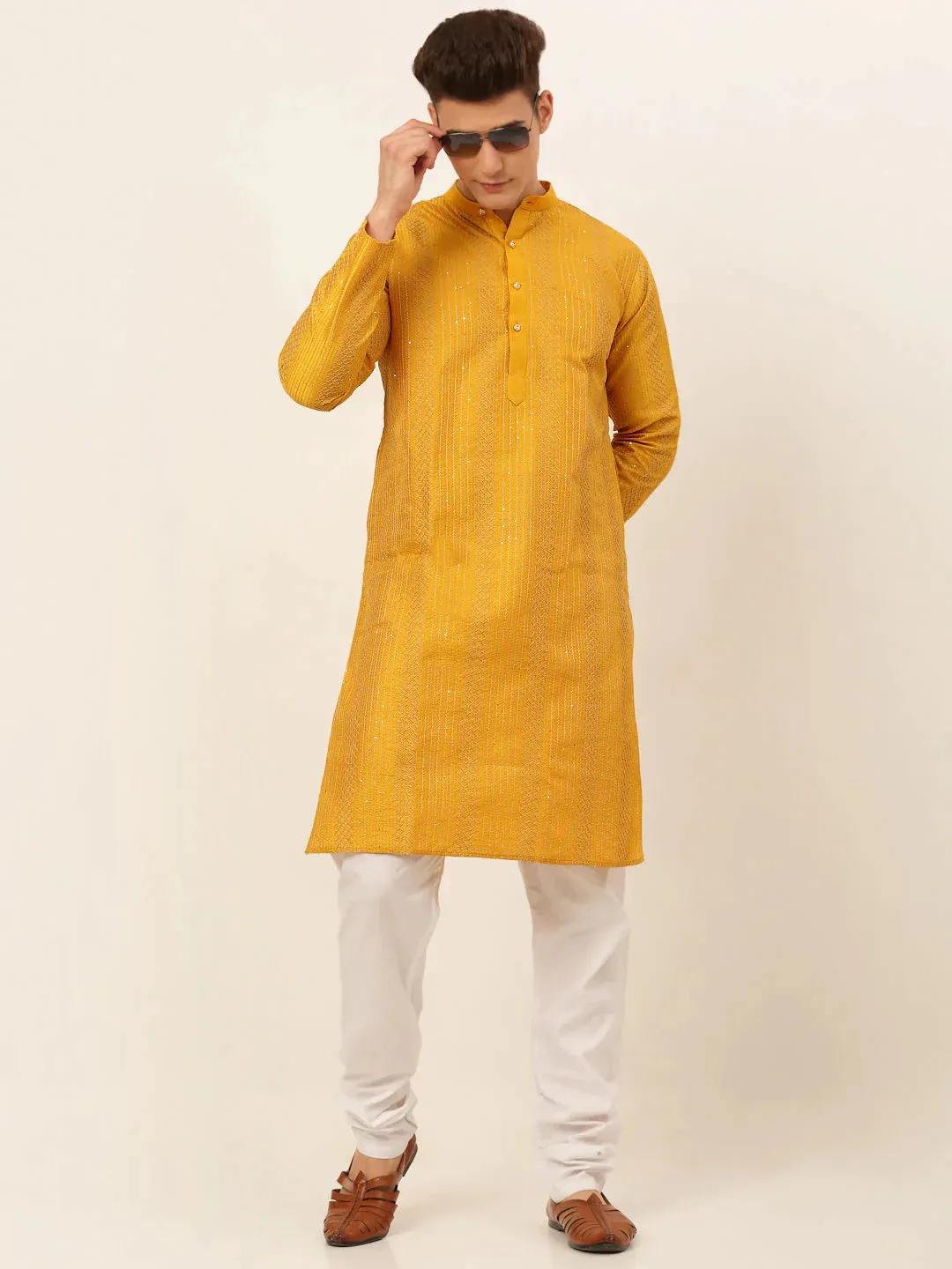 Men'S Mustard Embroiderd Kurta Pajama