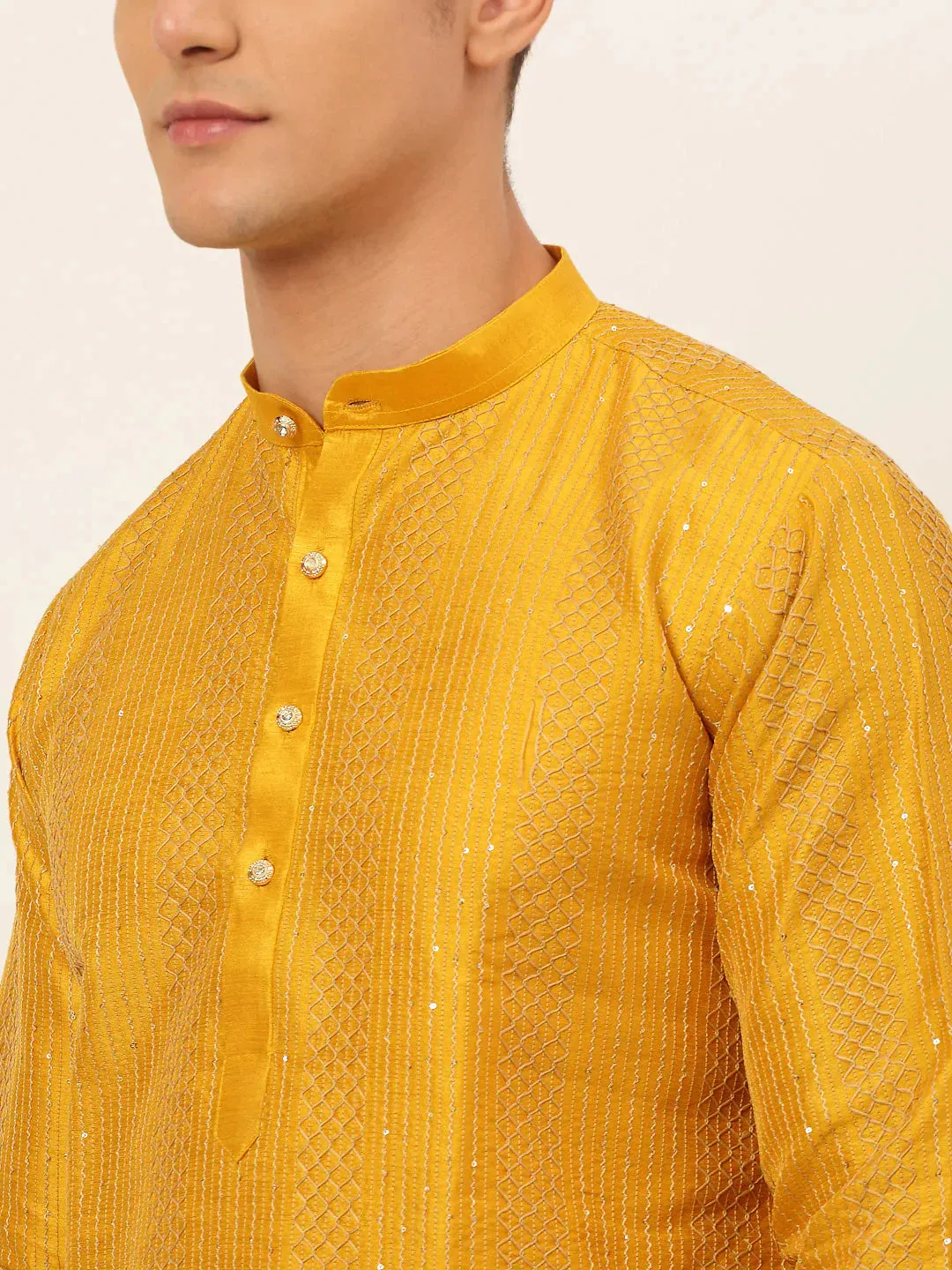 Men'S Mustard Embroiderd Kurta Pajama