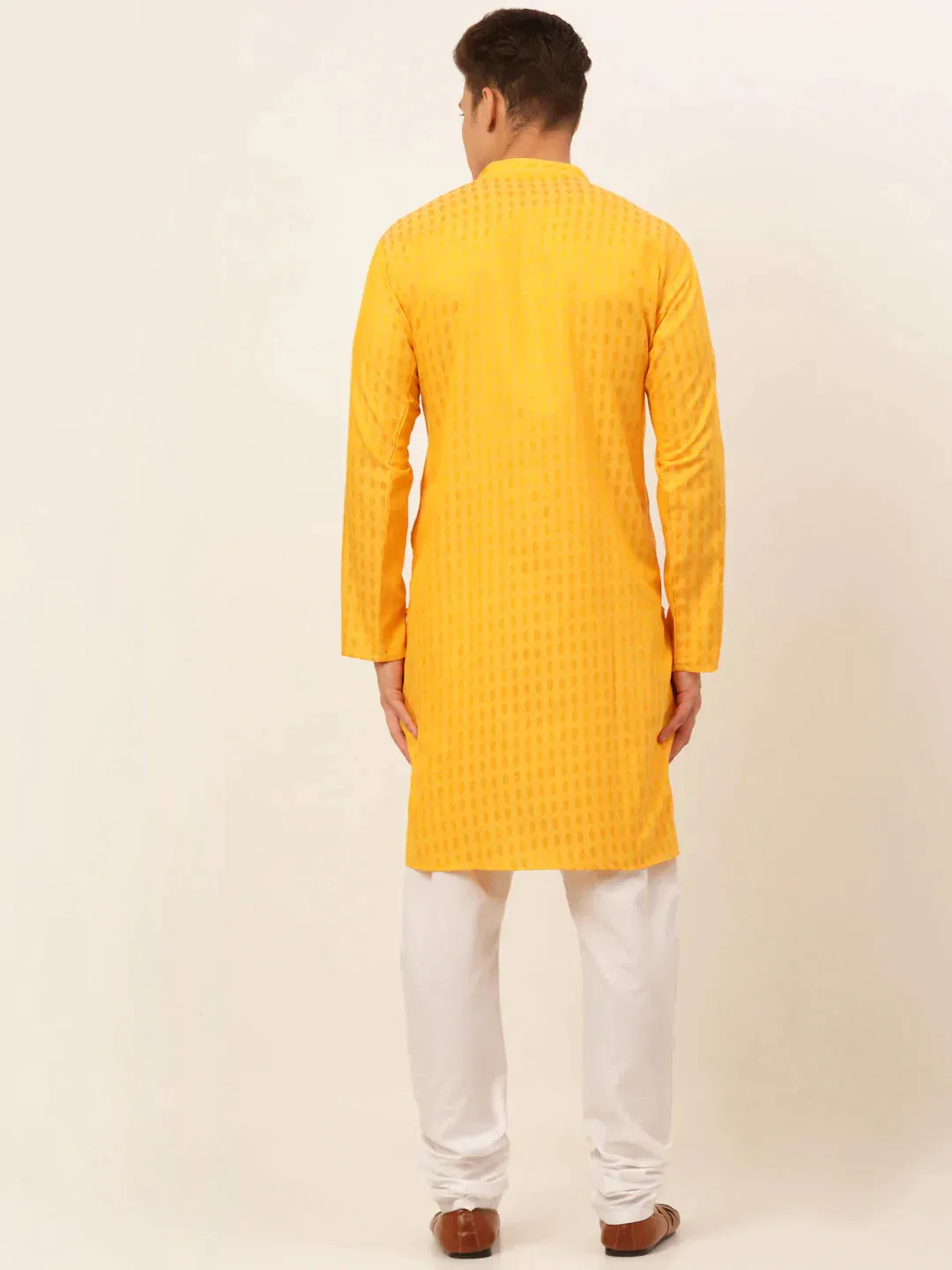 Men'S Mustard Woven Design Kurta Pajama