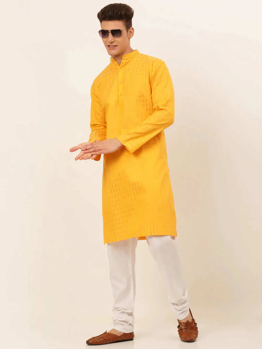 Men'S Mustard Woven Design Kurta Pajama