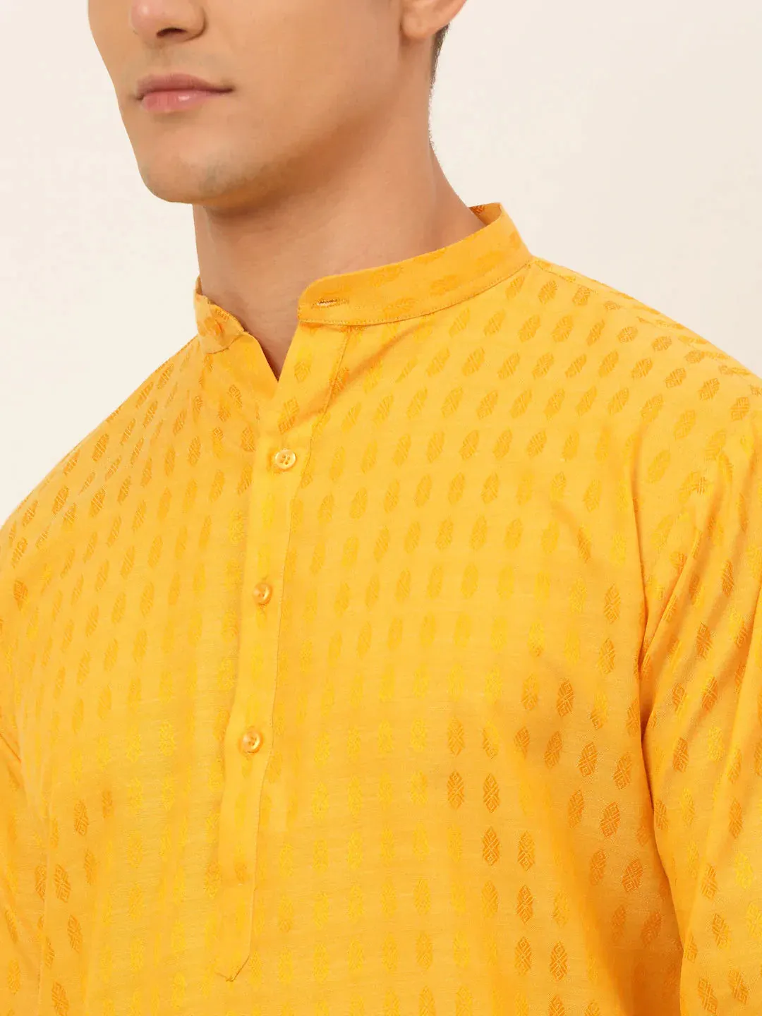 Men'S Mustard Woven Design Kurta Pajama