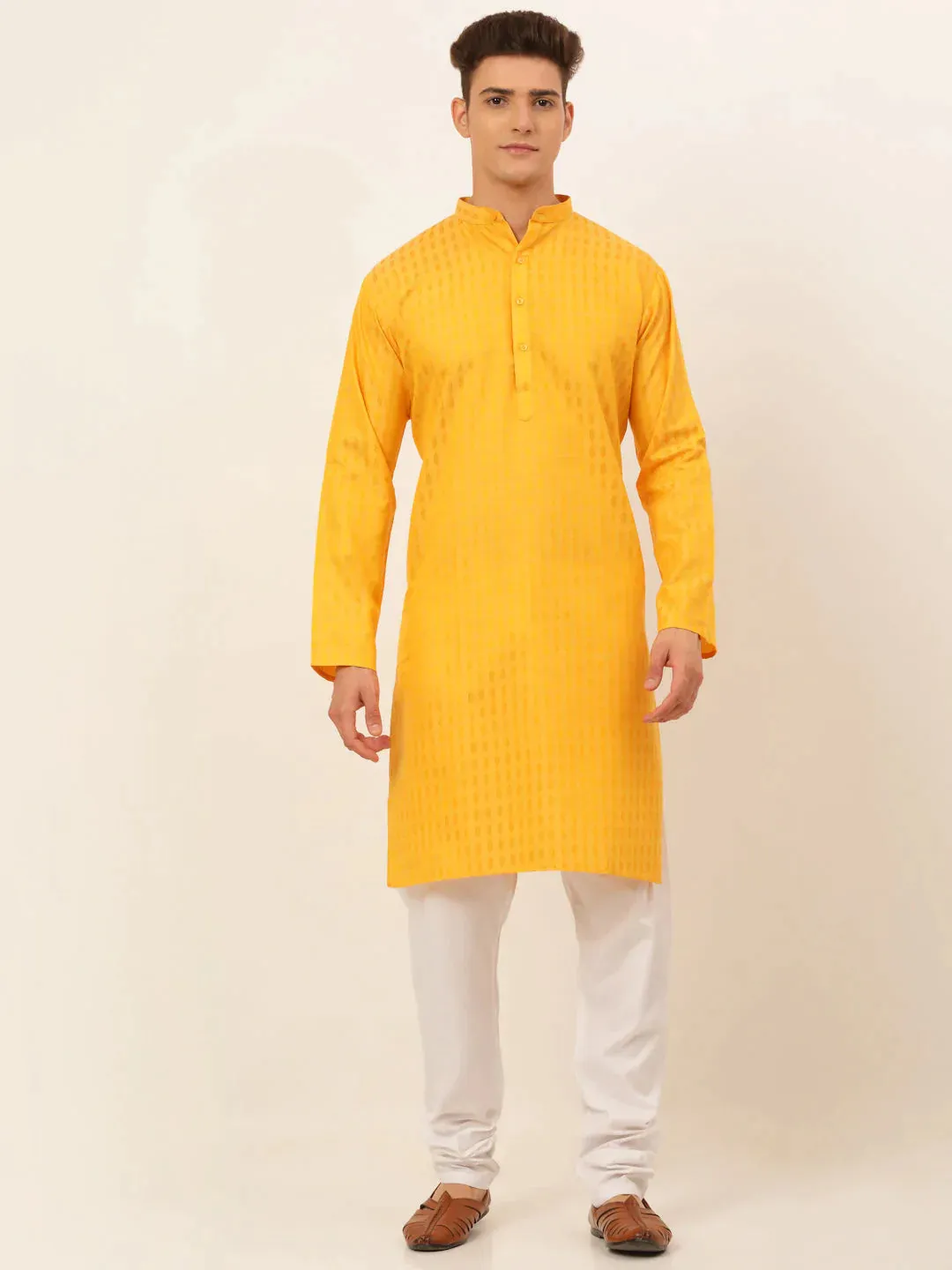 Men'S Mustard Woven Design Kurta Pajama