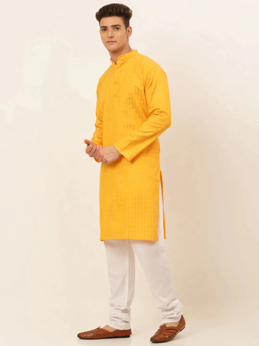 Men'S Mustard Woven Design Kurta Pajama