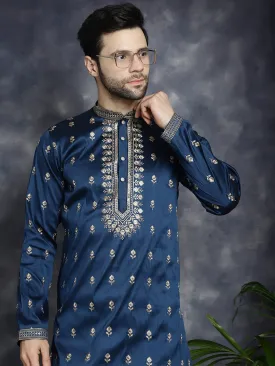 Men'S Navy Blue Chikankari Embroidered Kurta With Pyjama
