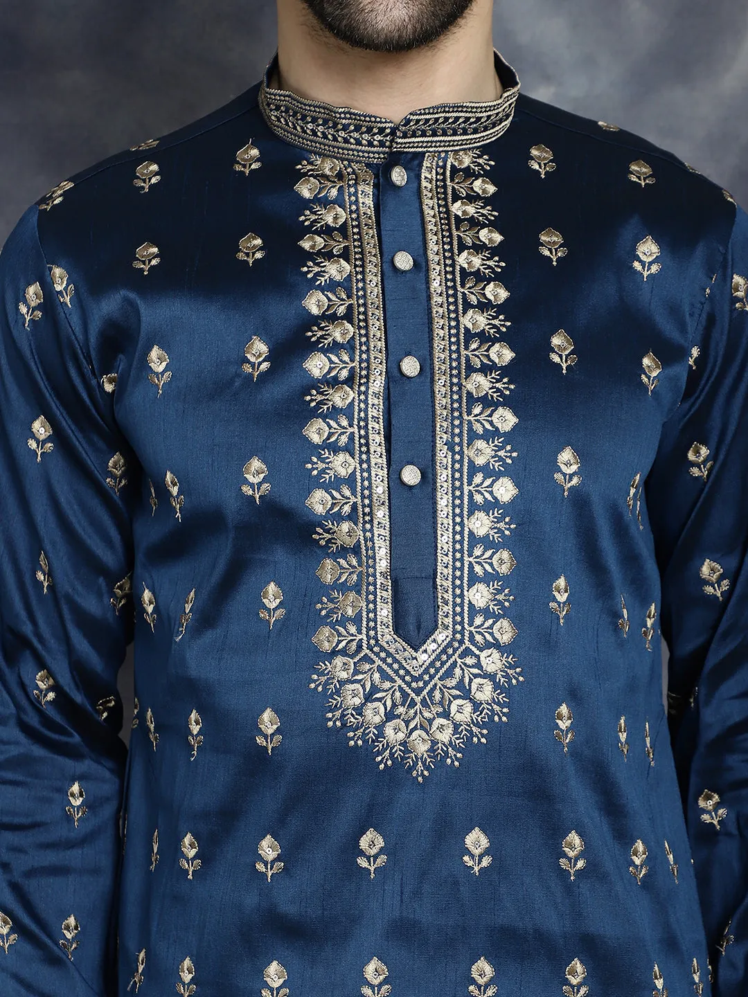 Men'S Navy Blue Chikankari Embroidered Kurta With Pyjama