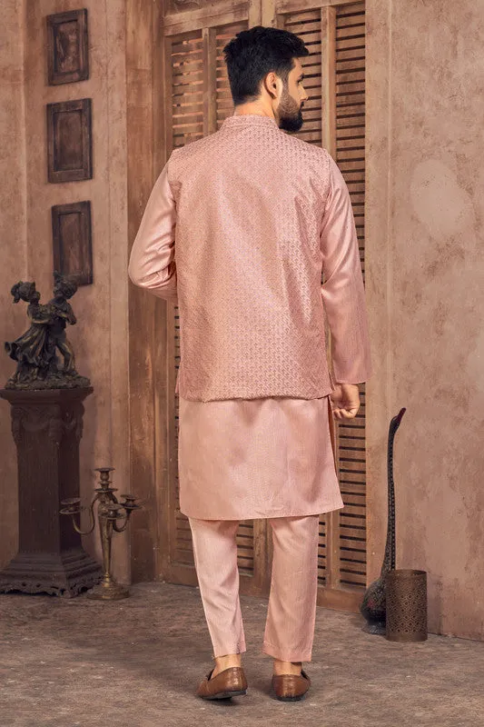 Men's Peach Banglori Silk Kurta Pajama With Embroidery Sequence Work Koti  Men (Stitched ) - Aastha Fashion Men
