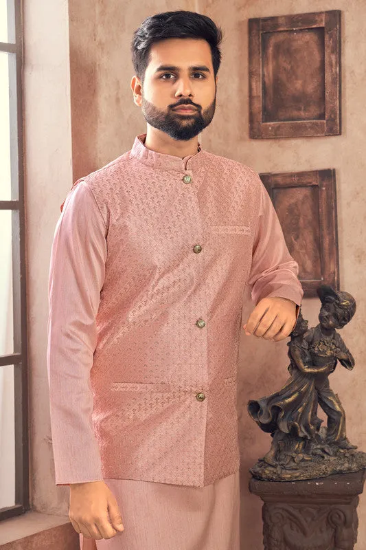 Men's Peach Banglori Silk Kurta Pajama With Embroidery Sequence Work Koti  Men (Stitched ) - Aastha Fashion Men