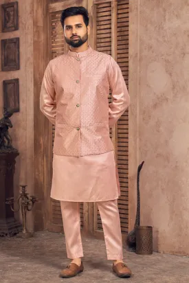 Men's Peach Banglori Silk Kurta Pajama With Embroidery Sequence Work Koti  Men (Stitched ) - Aastha Fashion Men