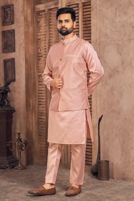 Men's Peach Banglori Silk Kurta Pajama With Embroidery Sequence Work Koti  Men (Stitched ) - Aastha Fashion Men