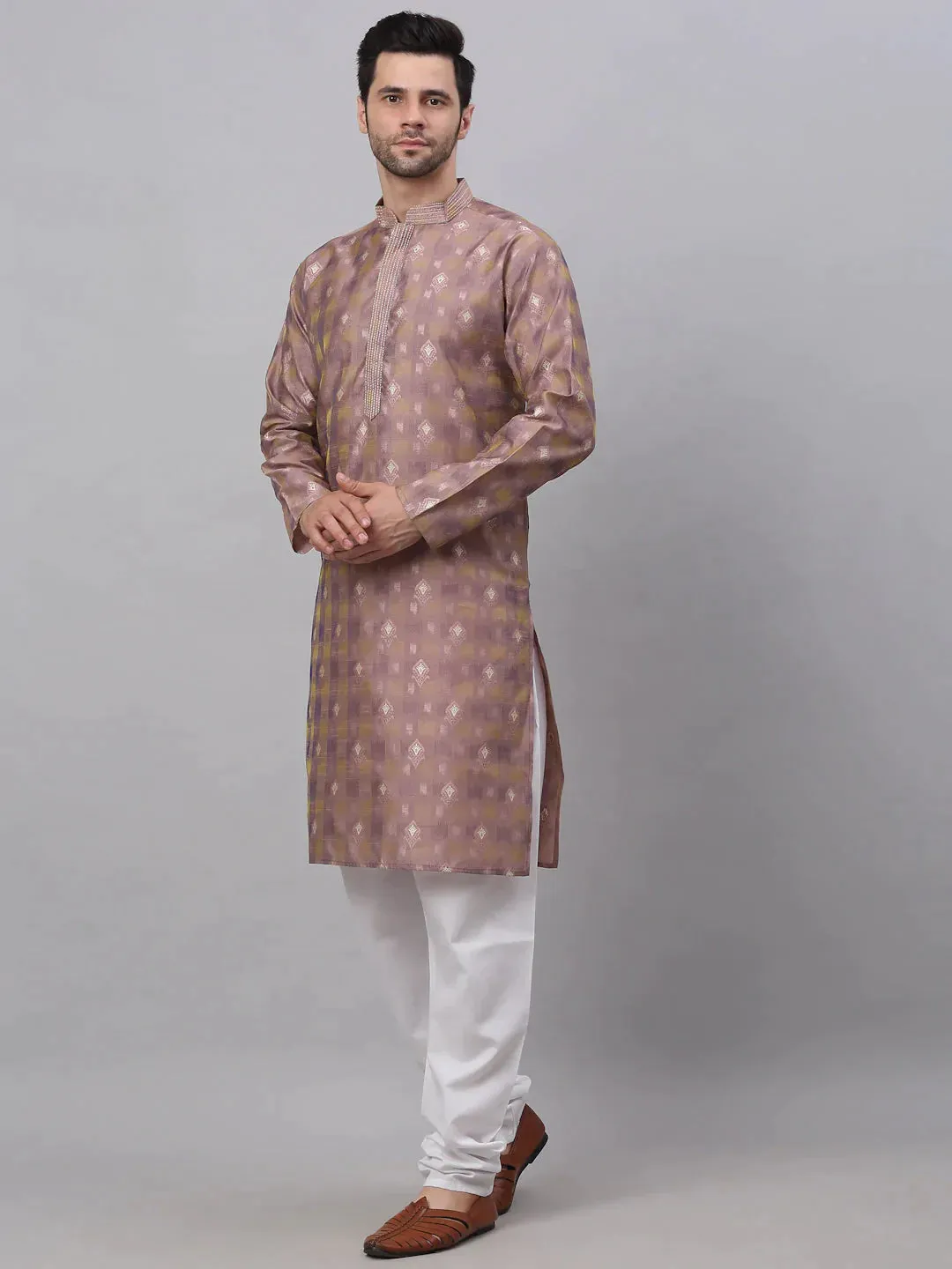 Men'S Pink Collar Embroidered Woven Design Kurta Pajama