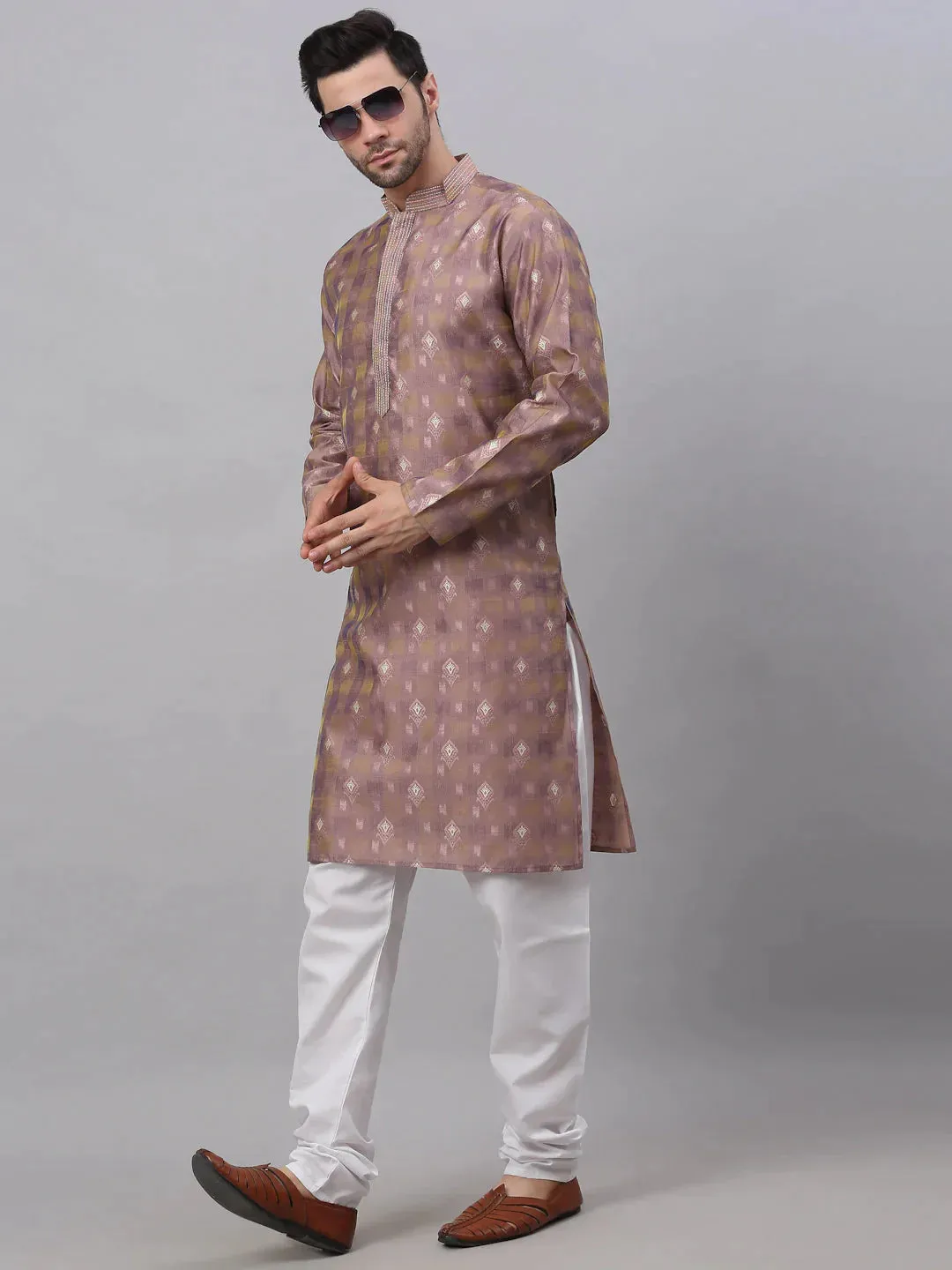 Men'S Pink Collar Embroidered Woven Design Kurta Pajama