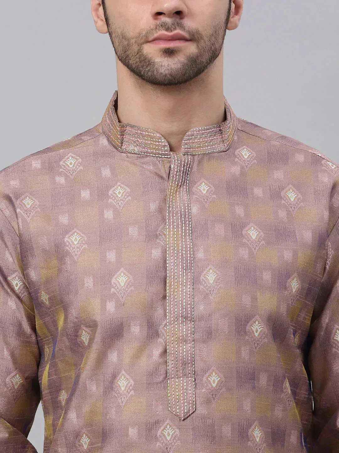 Men'S Pink Collar Embroidered Woven Design Kurta Pajama