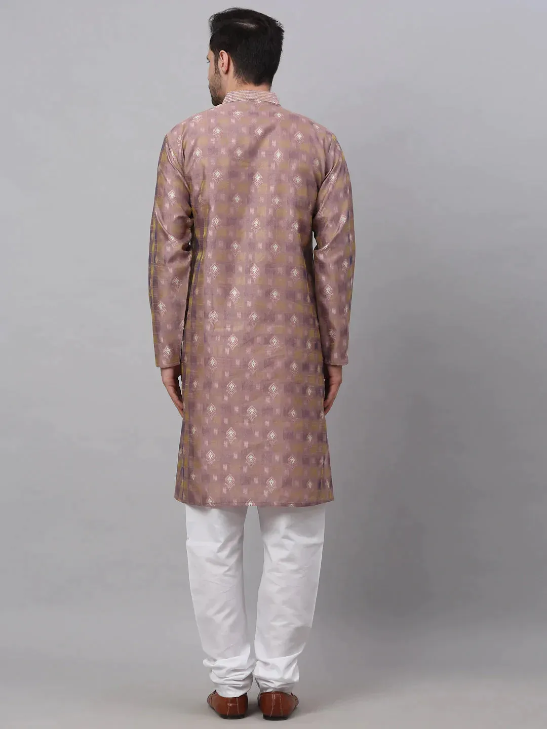 Men'S Pink Collar Embroidered Woven Design Kurta Pajama