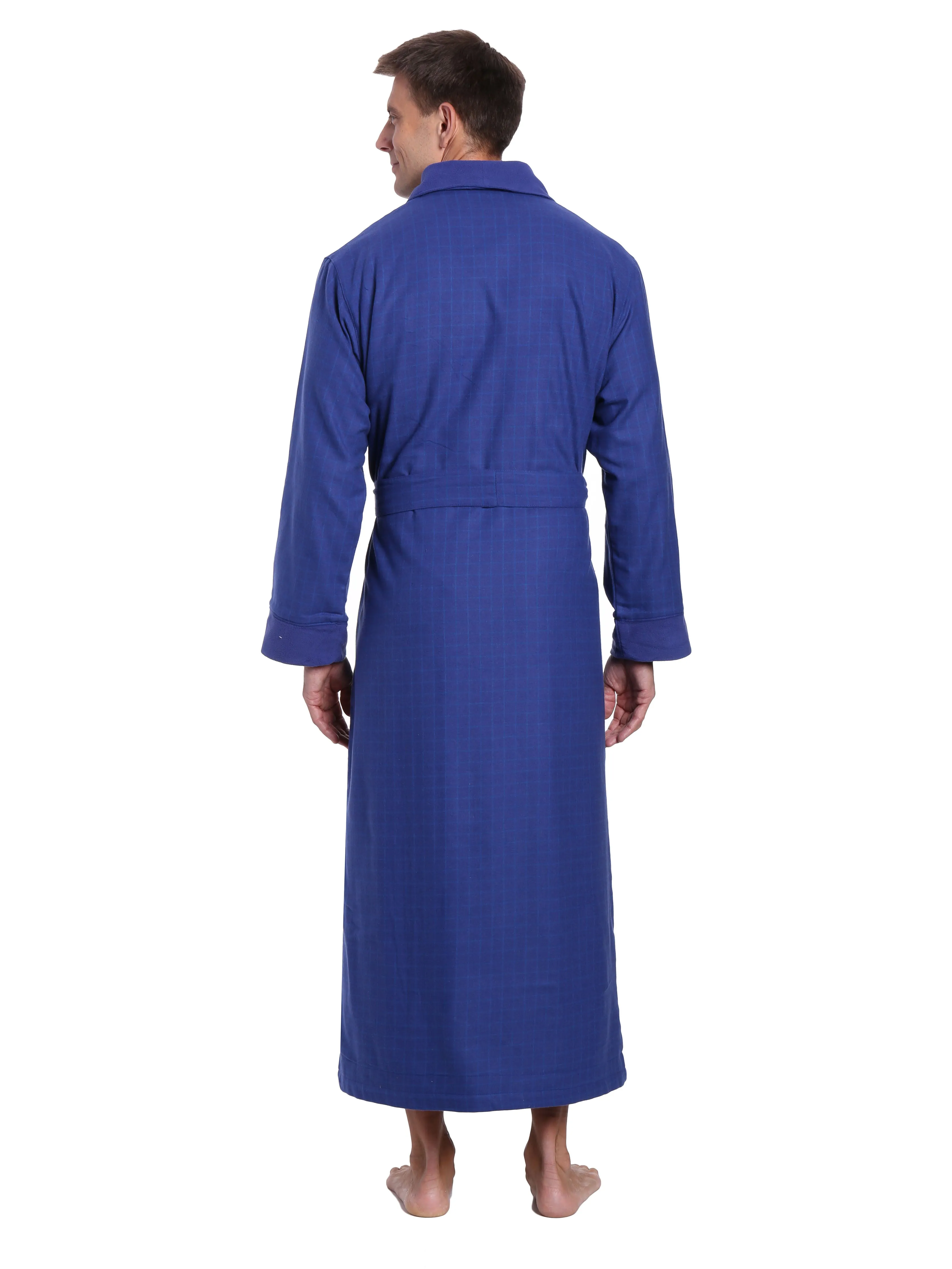 Mens Premium 100% Cotton Flannel Fleece Lined Robe - Windowpane Checks - Navy Blue