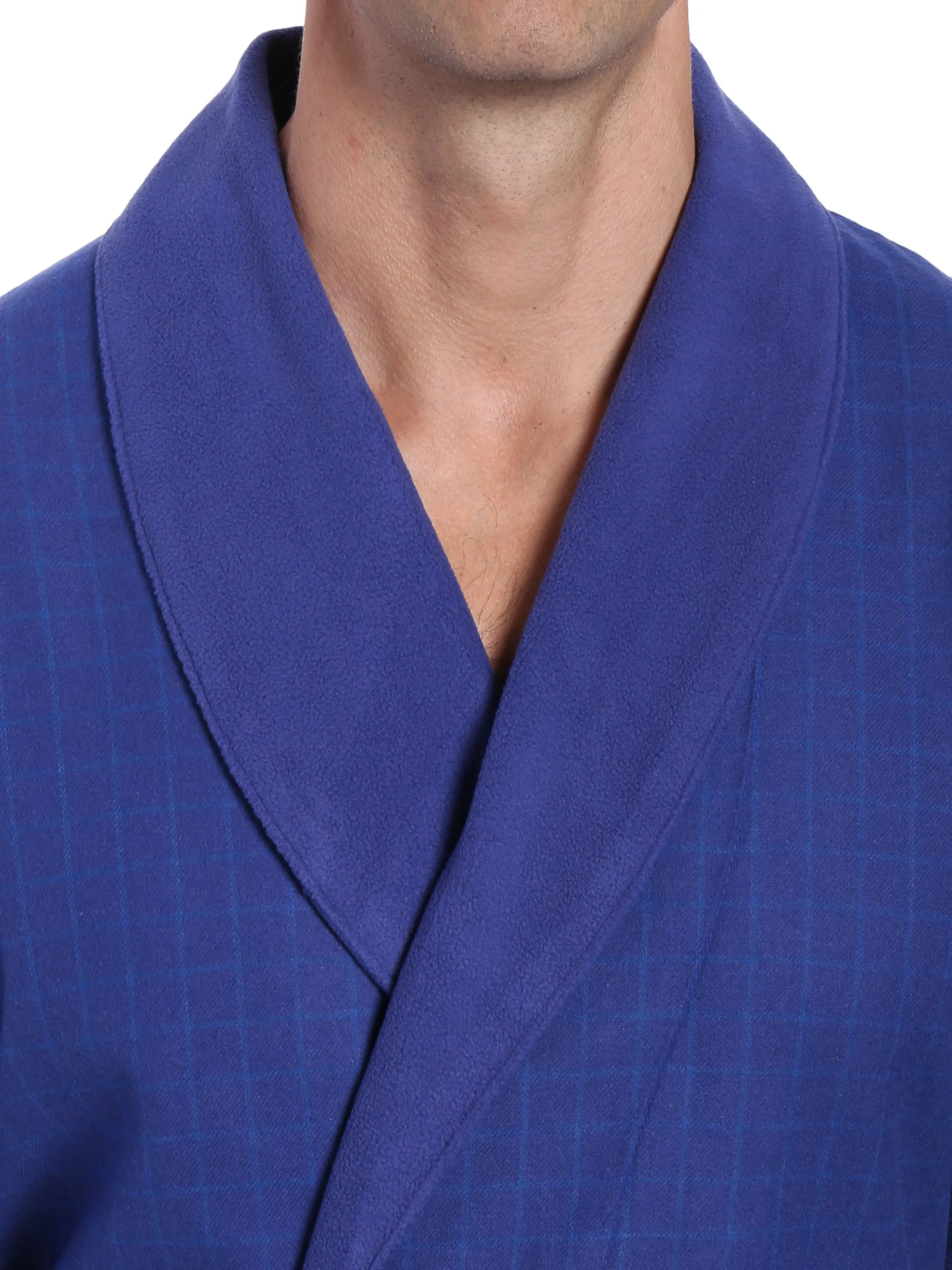 Mens Premium 100% Cotton Flannel Fleece Lined Robe - Windowpane Checks - Navy Blue