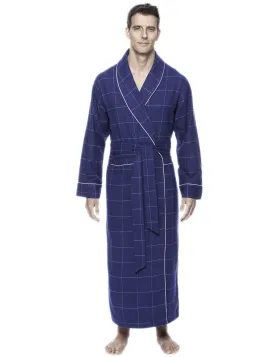 Men's Premium 100% Cotton Flannel Long Robe - Windowpane Checks Dark Blue