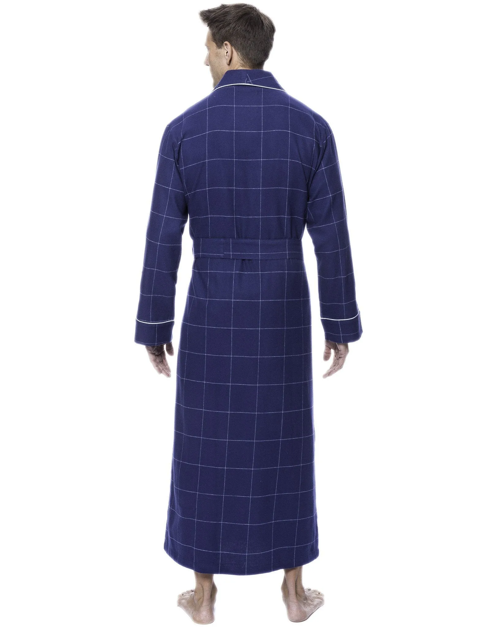 Men's Premium 100% Cotton Flannel Long Robe - Windowpane Checks Dark Blue