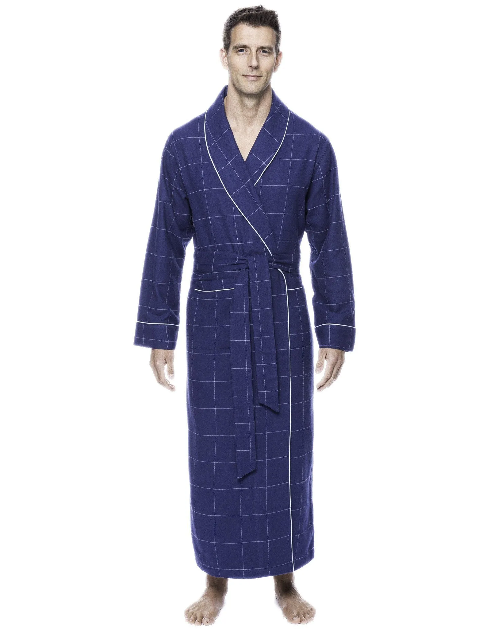 Men's Premium 100% Cotton Flannel Long Robe - Windowpane Checks Dark Blue