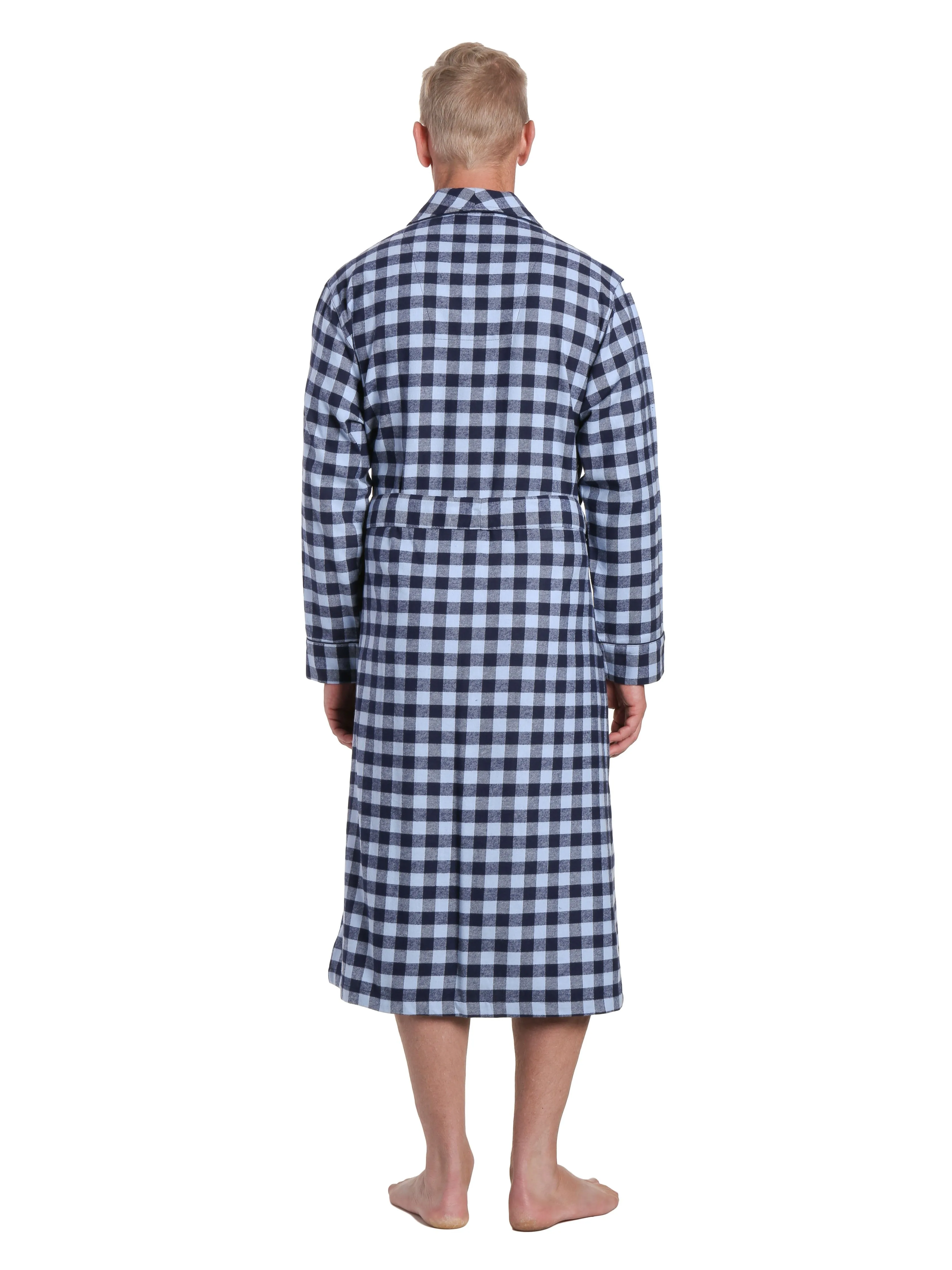Mens Premium 100% Cotton Flannel Robe - Gingham Checks - Navy Blue