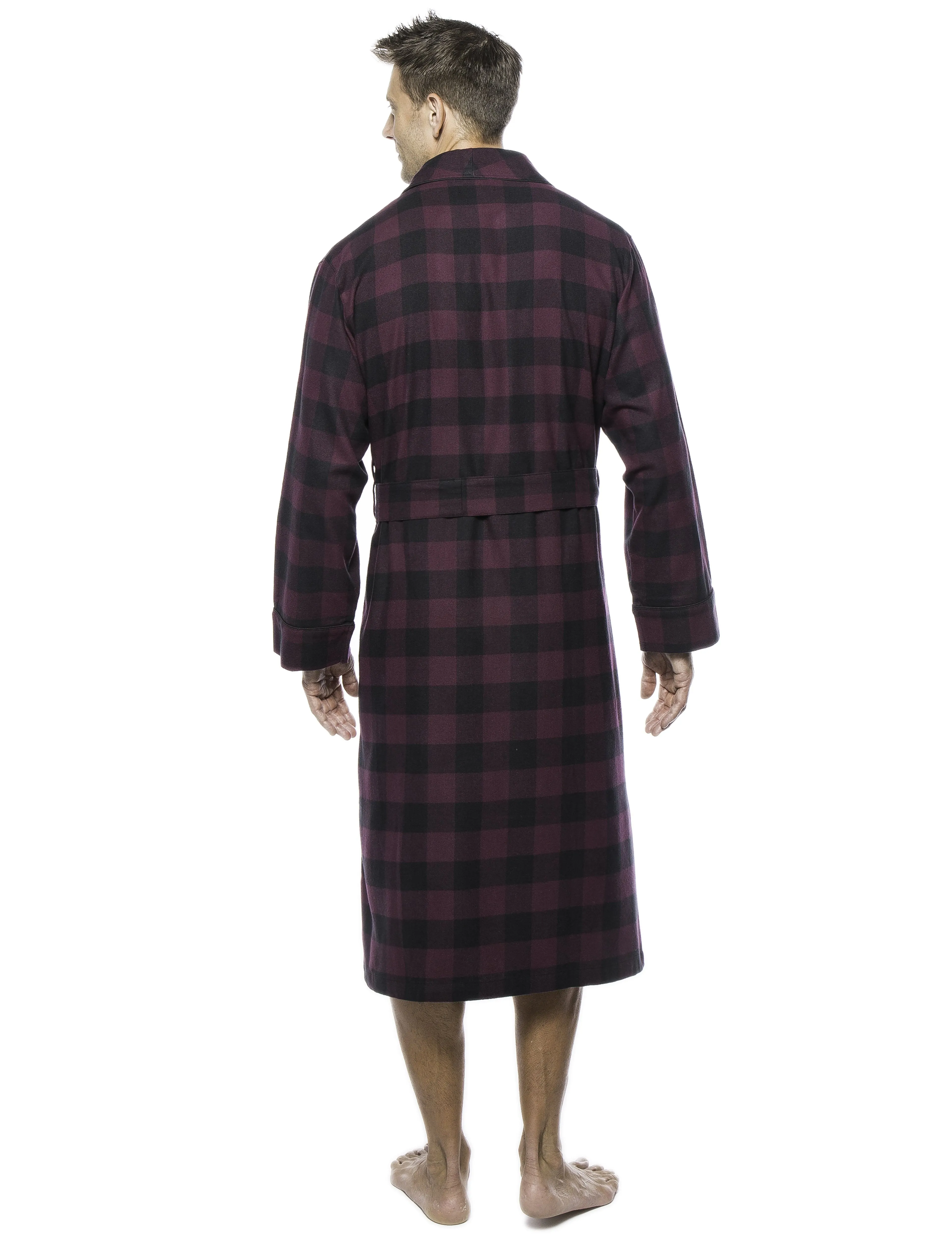 Mens Premium 100% Cotton Flannel Robe - Gingham Fig/Black
